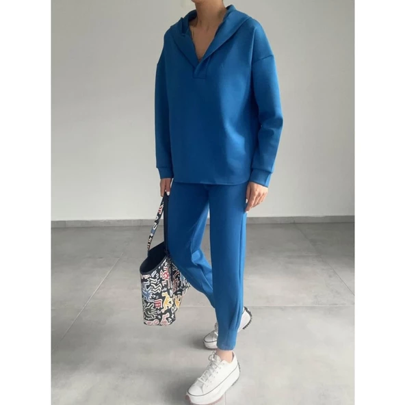 Lucky Life Kadın Uzun Kol V Yaka Kapüşon Detay Sweat Ve Yüksel Bel Eşofman Ikili Takım - 3