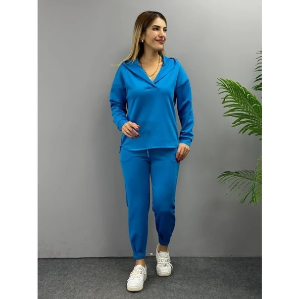 Lucky Life Kadın Uzun Kol V Yaka Kapüşon Detay Sweat Ve Yüksel Bel Eşofman Ikili Takım - 6