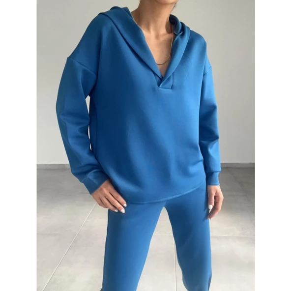 Lucky Life Kadın Uzun Kol V Yaka Kapüşon Detay Sweat Ve Yüksel Bel Eşofman Ikili Takım - 5