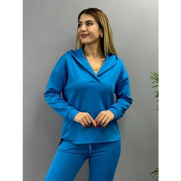 Lucky Life Kadın Uzun Kol V Yaka Kapüşon Detay Sweat Ve Yüksel Bel Eşofman Ikili Takım - 8