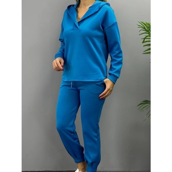 Lucky Life Kadın Uzun Kol V Yaka Kapüşon Detay Sweat Ve Yüksel Bel Eşofman Ikili Takım - 10