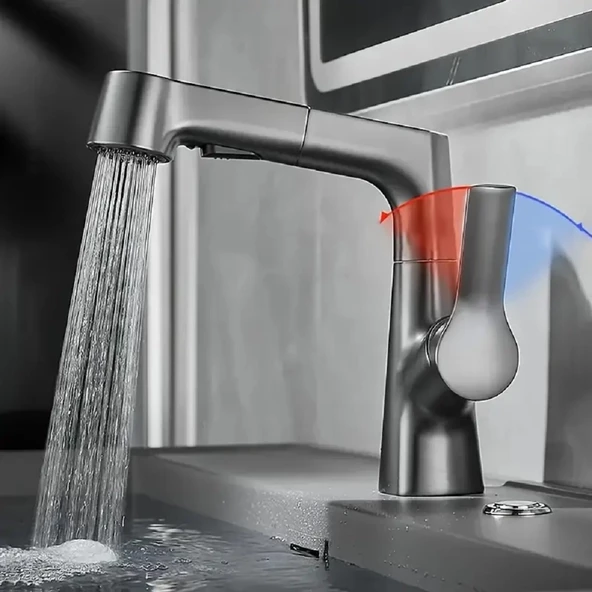 quviem Gri Yükseltilebilir Çift Fonksiyonlu Mutfak Eviye ve Lavabo Bataryası Qu-17592655252105 - 4