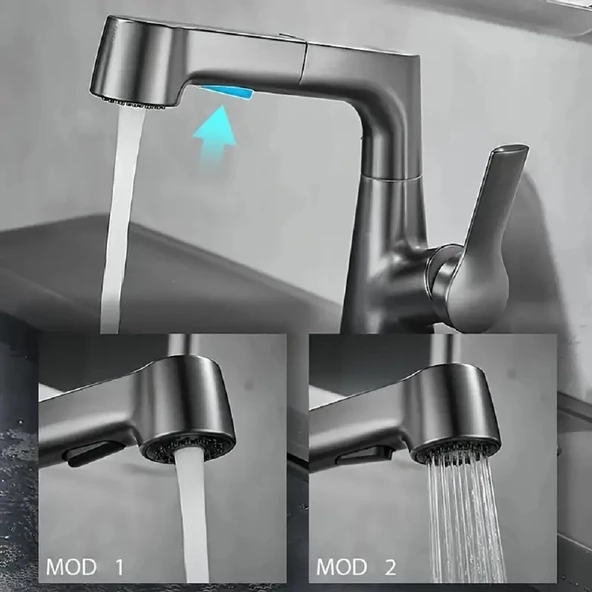 quviem Gri Yükseltilebilir Çift Fonksiyonlu Mutfak Eviye ve Lavabo Bataryası Qu-17592655252105 - 2