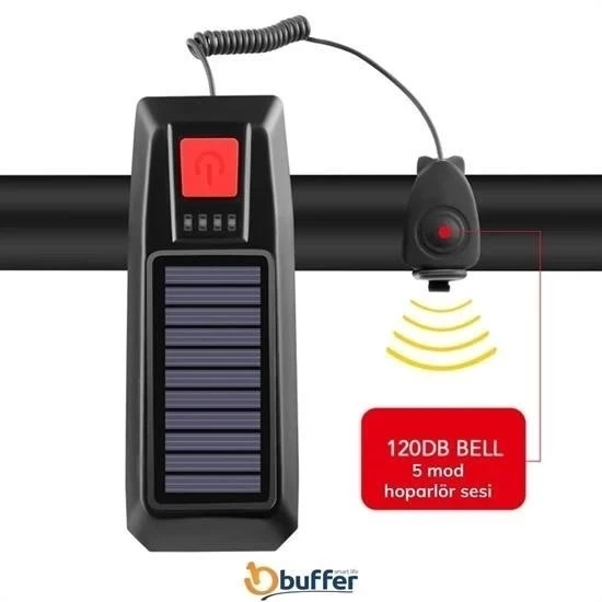 Solar Enerjili Usb İle Şarj Edilebilir Ledli Bisiklet Feneri Kornalı Ve Su Geçirmez Far - 7