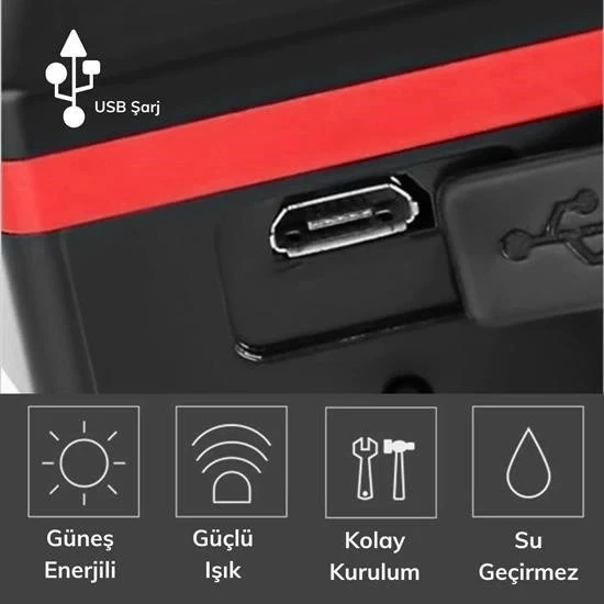 Solar Enerjili Usb İle Şarj Edilebilir Ledli Bisiklet Feneri Kornalı Ve Su Geçirmez Far - 5