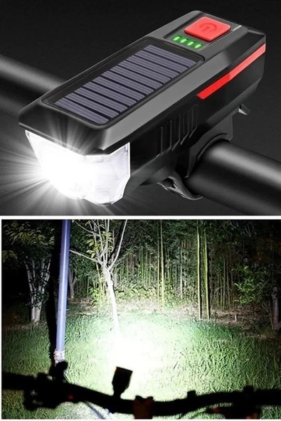 Solar Enerjili Usb İle Şarj Edilebilir Ledli Bisiklet Feneri Kornalı Ve Su Geçirmez Far - 8