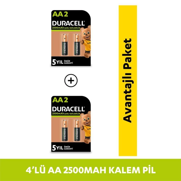 Duracell Şarj Edilebilir AA 2500mAh Piller, 2 Li Paket x2 (4 Adet)