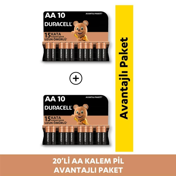 Duracell Alkalin AA Kalem Piller, 20 Li Paket