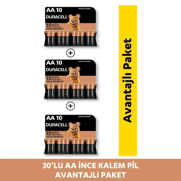 Duracell Alkalin AA Kalem Piller, 30 Lu Paket