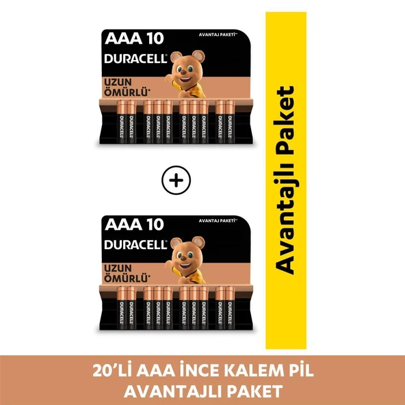 Duracell Alkalin AAA İnce Kalem Piller, 20 Li Paket