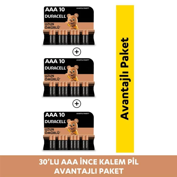 Duracell Alkalin AAA İnce Kalem Piller, 30 Lu Paket