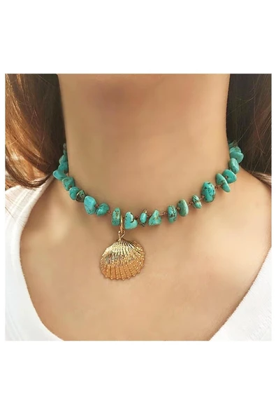 Damarlı Turkuaz Doğal Taş Deniz Kabuğu Kadın Kolye