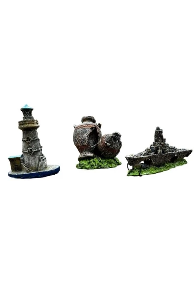 canlipetshop Mini Akvaryum Dekor Seti 3 Lü Set -Savaş Gemisi Anfora Deniz Feneri
