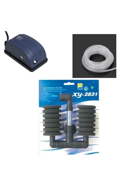 yenisahome Xy-2831 Akvaryum Pipo Filtresi Çiftli + Hava Motoru + Hava Hortumu Set