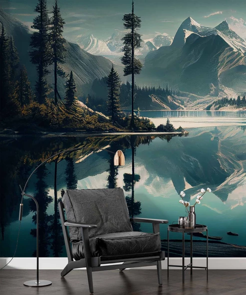 Orman ve Dağ Sanatsal Çizim Manzaralı Duvar Kağıdı - Resim 6