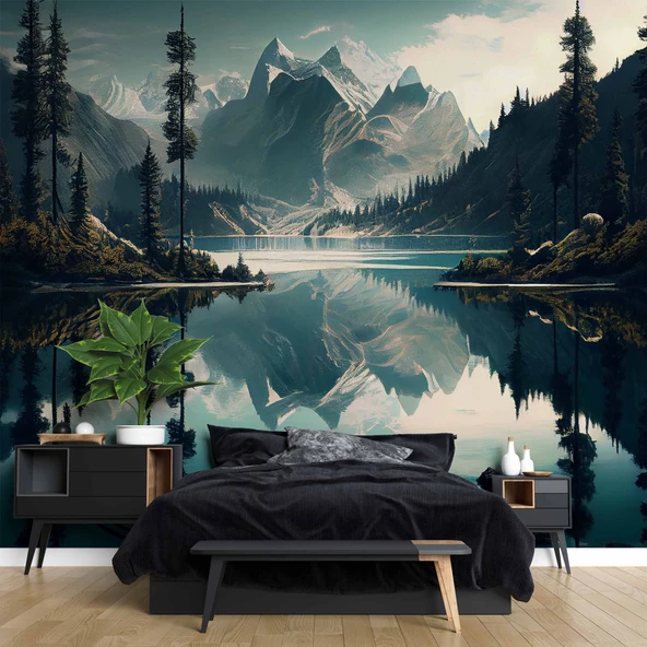 Orman ve Dağ Sanatsal Çizim Manzaralı Duvar Kağıdı - Resim 2