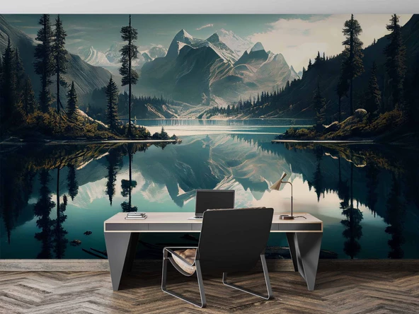 Orman ve Dağ Sanatsal Çizim Manzaralı Duvar Kağıdı - Resim 4