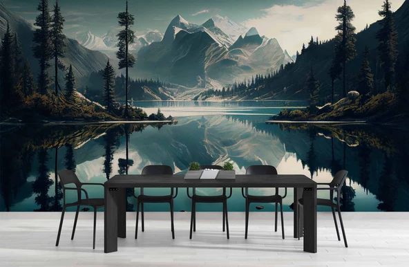 Orman ve Dağ Sanatsal Çizim Manzaralı Duvar Kağıdı - Resim 5