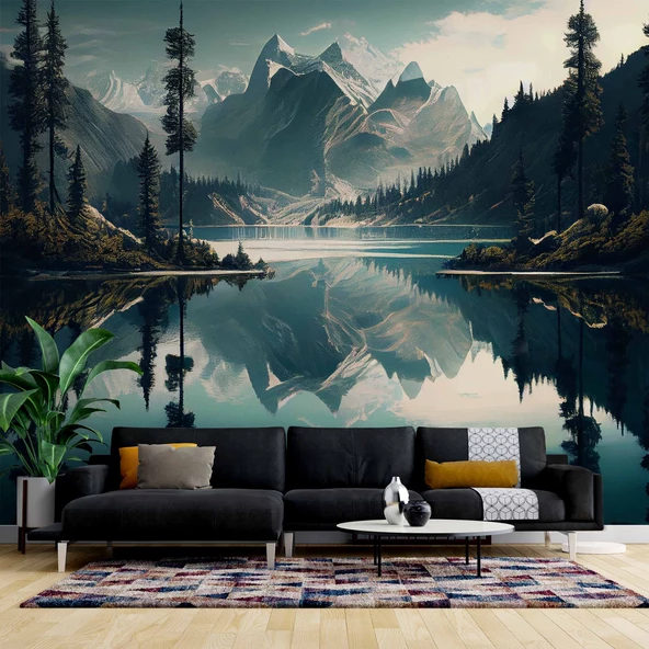 Orman ve Dağ Sanatsal Çizim Manzaralı Duvar Kağıdı ürün görseli