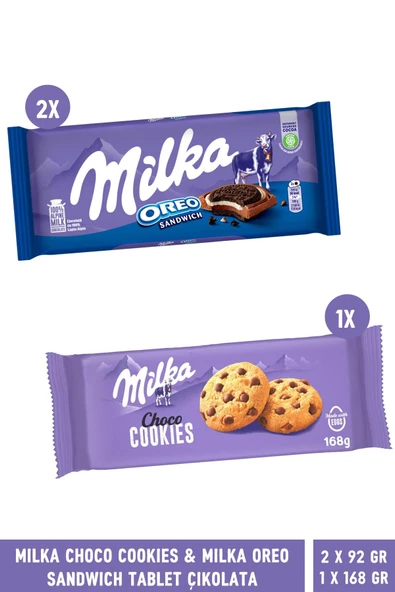 Milka Choco Cookies Damla Çikolatalı Kurabiye 168 gr & Milka Oreo Sandwich Tablet Çikolata 92 gr 2 Adet