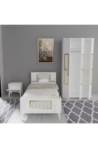DemonteHome  NORADH ÇOCUK,GENÇ ODASI TAKIMI (C-L-G) BEYAZ-ALTIN - 2