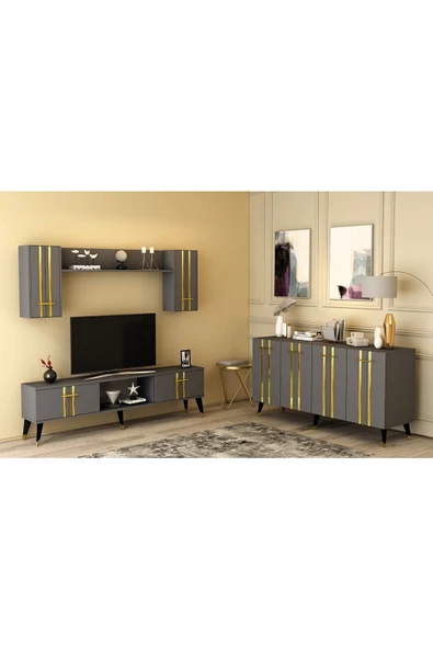 DemonteHome  ASELDH TV ÜNİTESİ ve KONSOL 2'Lİ SALON TAKIMI ANTRASİT-ALTIN