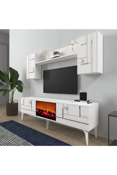 DemonteHome  MADERADH ŞÖMİNELİ TV ÜNİTESİ TAKIMI BEYAZ GÜMÜŞ - 2