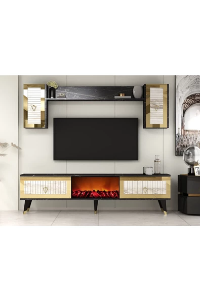 DemonteHome  BORADH ŞÖMİNELİ TV ÜNİTESİ ROYALMERMER EFESMERMER ALTIN