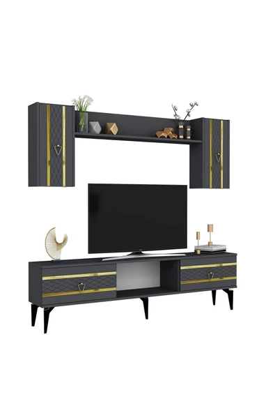 DemonteHome  PELİNDH TV ÜNİTESİ TAKIMI ANTRASİT-ALTIN - 5
