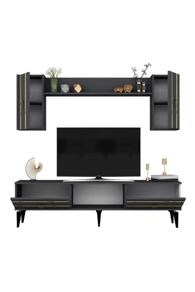 DemonteHome  PELİNDH TV ÜNİTESİ ve KONSOL 2'Lİ SALON TAKIMI ANTRASİT-ALTIN - 5