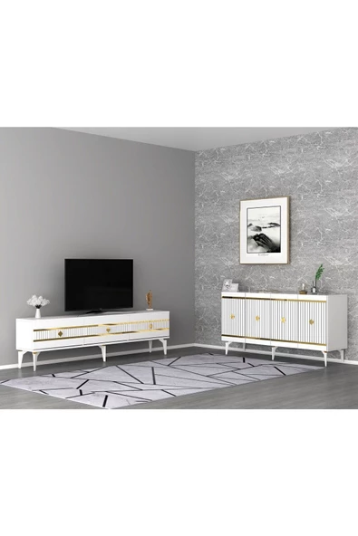 DemonteHome  LENORADH TV SEHPASI (alt modül) ve KONSOL 2'Lİ SALON TAKIMI BEYAZ-ALTIN