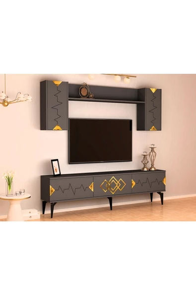 DemonteHome  RİTİMDH 180 CM TV ÜNİTESİ TAKIMI ANTRASİT ALTIN