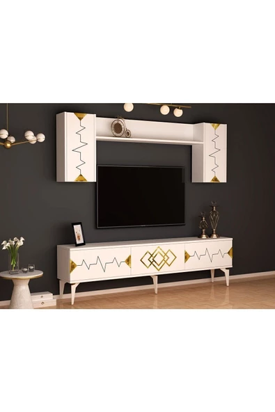 DemonteHome  RİTİMDH 180 CM TV ÜNİTESİ TAKIMI BEYAZ ALTIN