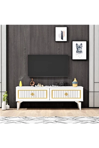 DemonteHome  VENNADH 120 CM TV ÜNİTESİ BEYAZ ALTIN