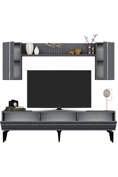 DemonteHome  DEFNEDH 180 CM TV ÜNİTESİ VE KONSOL  2'Lİ SALON TAKIMI ANTRASİT GÜMÜŞ - 6