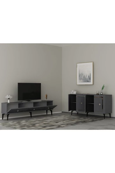 DemonteHome  Novadh Tv Sehpası Alt Modül Ve Konsol 2 Li Salonn Takımı Antrasit Gümüş - 2