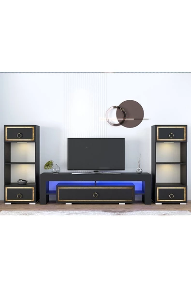 DemonteHome  Lisadh Kitaplık Tv Sehpası Takımı Antrasit Altın
