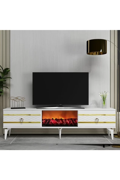 DemonteHome  PELİNDH TV SEHPASI ŞÖMİNELİ BEYAZ-ALTIN