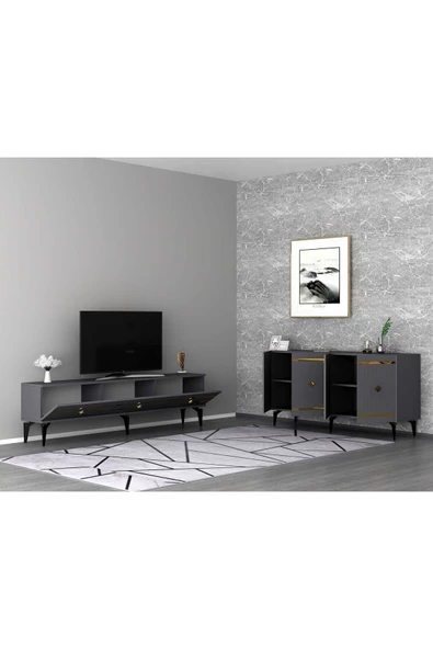 DemonteHome  LENORADH TV SEHPASI (alt modül) ve KONSOL 2'Lİ SALON TAKIMI ANTRASİT-ALTIN - 2