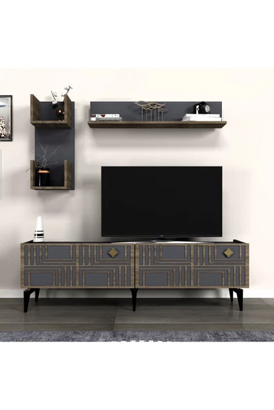 DemonteHome  PİNEDH TV ÜNİTESİ TAKIMI ANTRASİT-(CEVİZ DESEN)