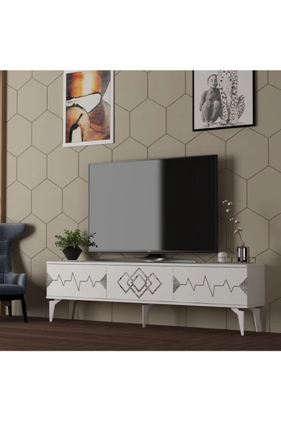 DemonteHome  RİTİMDH 180 CM TV SEHPASI BEYAZ GÜMÜŞ