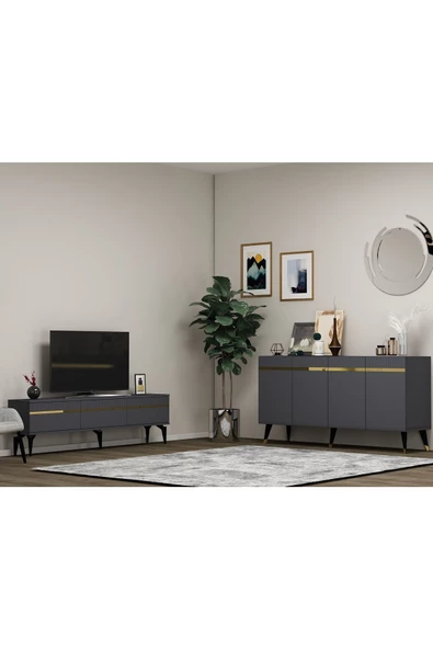 DemonteHome  DEFNEDH TV SEHPASI ve KONSOL 2'Lİ SALON TAKIMI ANTRASİT-ALTIN