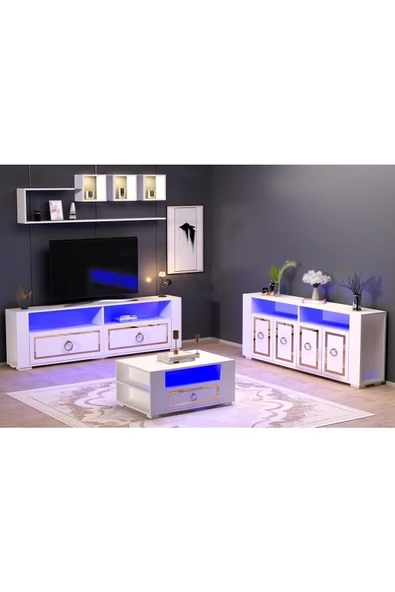 DemonteHome  Calvindh Led Aydınlatmalı Spot Işıklı Tv Ünitesi Orta Sehpa Ve Konsol Takımı Beyaz Altın