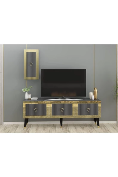 DemonteHome  BAREDH 150 CM LAZER DESENLİ TV ÜNİTESİ ANTRASİT-ALTIN