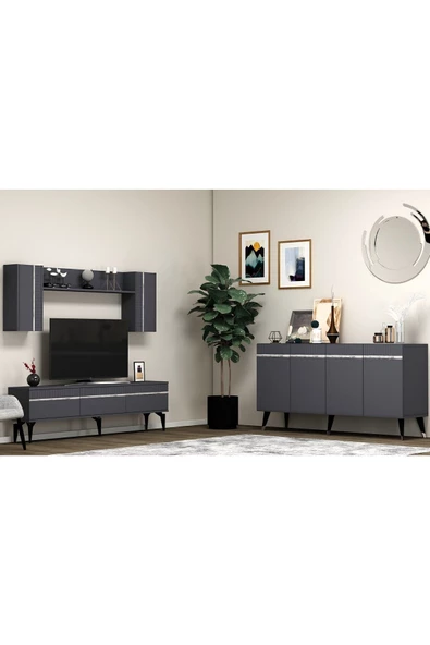 DemonteHome  DEFNEDH 180 CM TV ÜNİTESİ VE KONSOL  2'Lİ SALON TAKIMI ANTRASİT GÜMÜŞ - 2