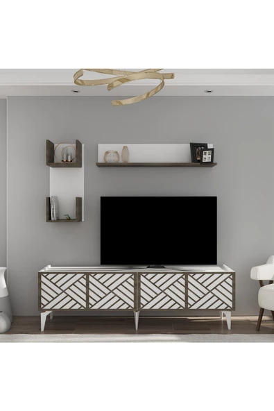 DemonteHome  GRACEDH TV ÜNİTESİ TAKIMI BEYAZ-(CEVİZ DESEN)