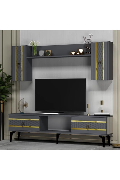 DemonteHome  PELİNDH TV ÜNİTESİ TAKIMI ANTRASİT-ALTIN - 2