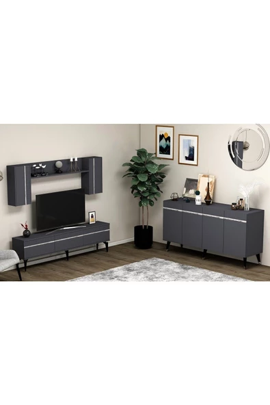 DemonteHome  DEFNEDH 180 CM TV ÜNİTESİ VE KONSOL  2'Lİ SALON TAKIMI ANTRASİT GÜMÜŞ