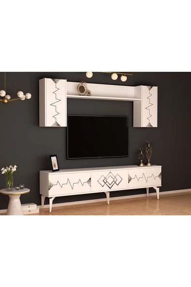 DemonteHome  RİTİMDH 180 CM TV ÜNİTESİ TAKIMI BEYAZ GÜMÜŞ - 2