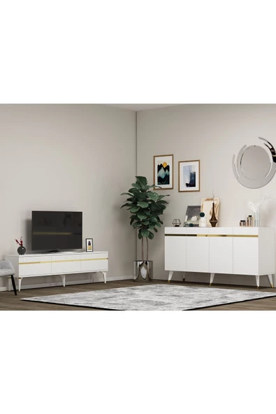 DemonteHome  DEFNEDH TV SEHPASI ve KONSOL 2'Lİ SALON TAKIMI BEYAZ-ALTIN